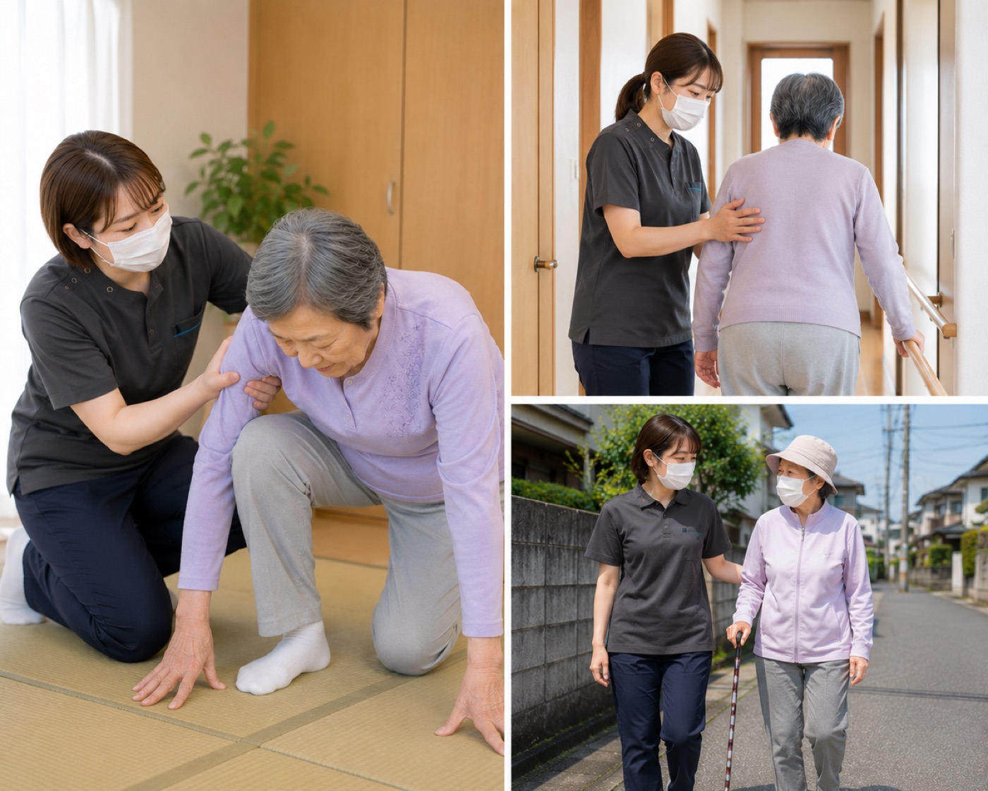 起き上がりの介助、室内での歩行介助、屋外での歩行練習の様子